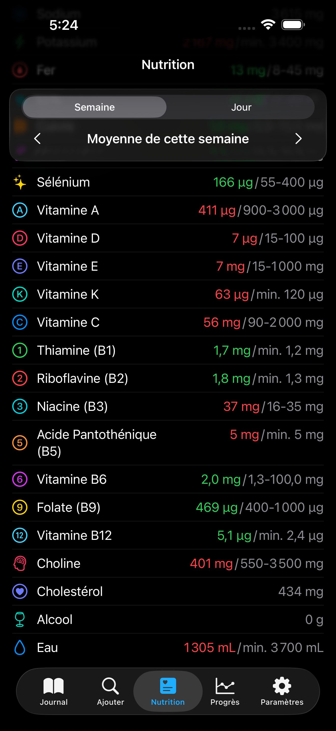 Vue nutrition AmiFit — détail vitamines montrant la vitamine D à 4μg pour un objectif de 15-100μg
