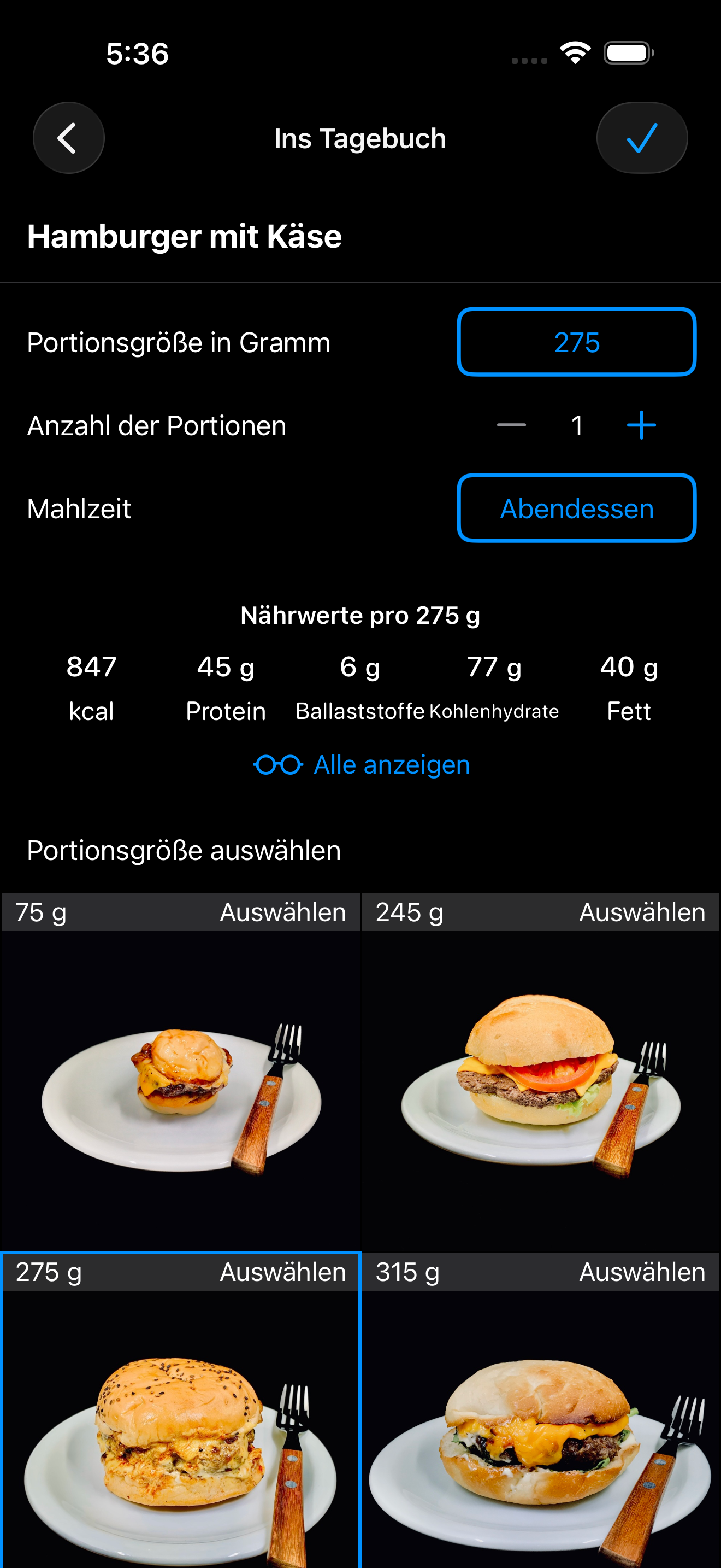 AmiFit Portionsauswahl — echte Fotos von Burgern von 75g bis 465g, persönlich fotografiert und gewogen