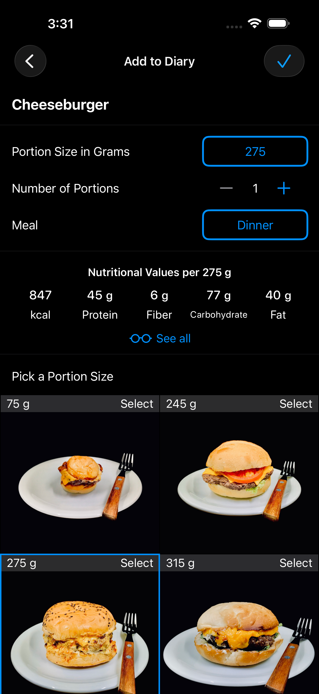 AmiFit portion picker — real photos of burger portions from 75g to 465g, personally photographed and weighed