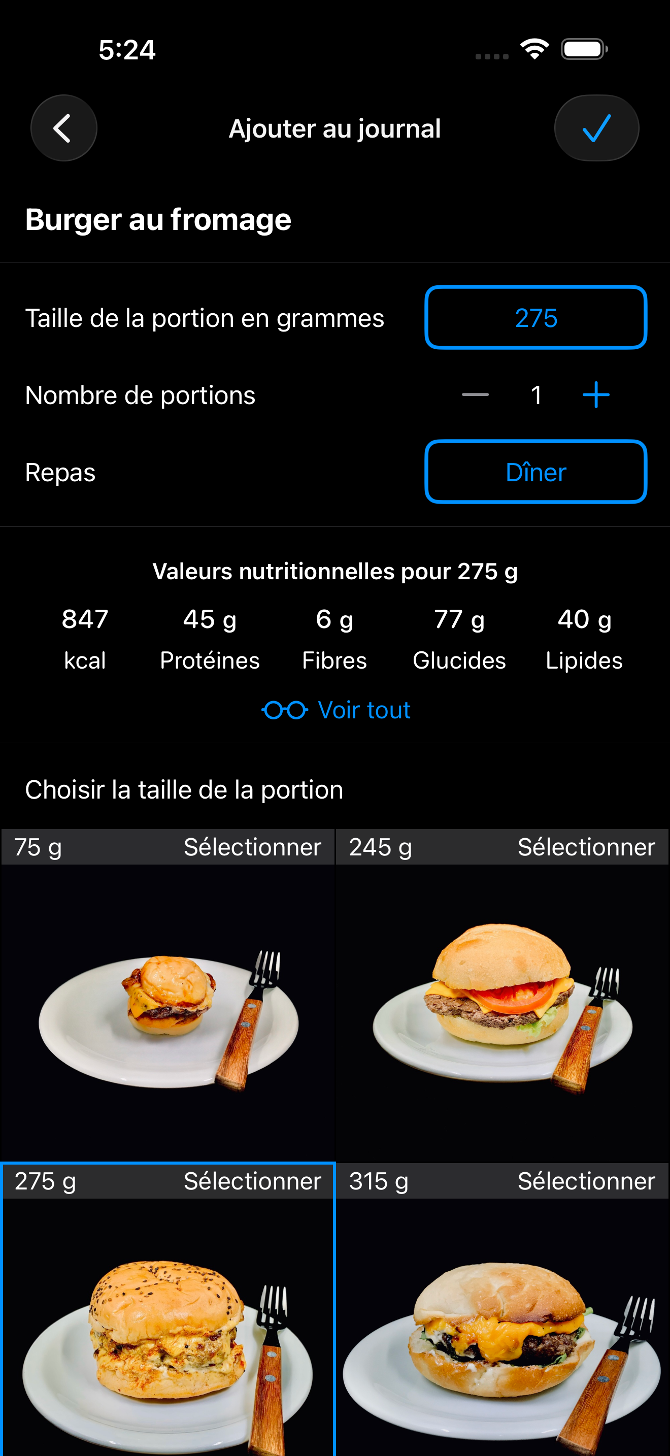 AmiFit sélecteur de portions — vraies photos de hamburgers de 75g à 465g, photographiés et pesés personnellement
