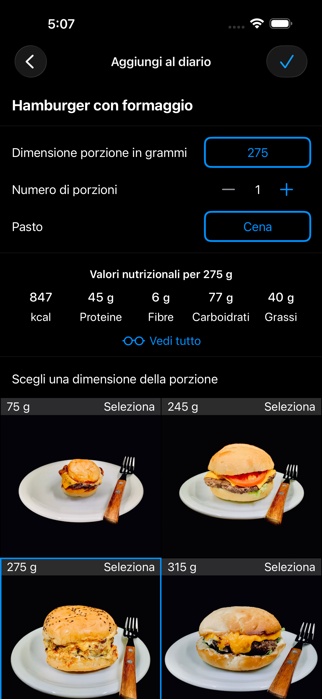 AmiFit selettore porzioni — foto reali di hamburger da 75g a 465g, fotografati e pesati personalmente
