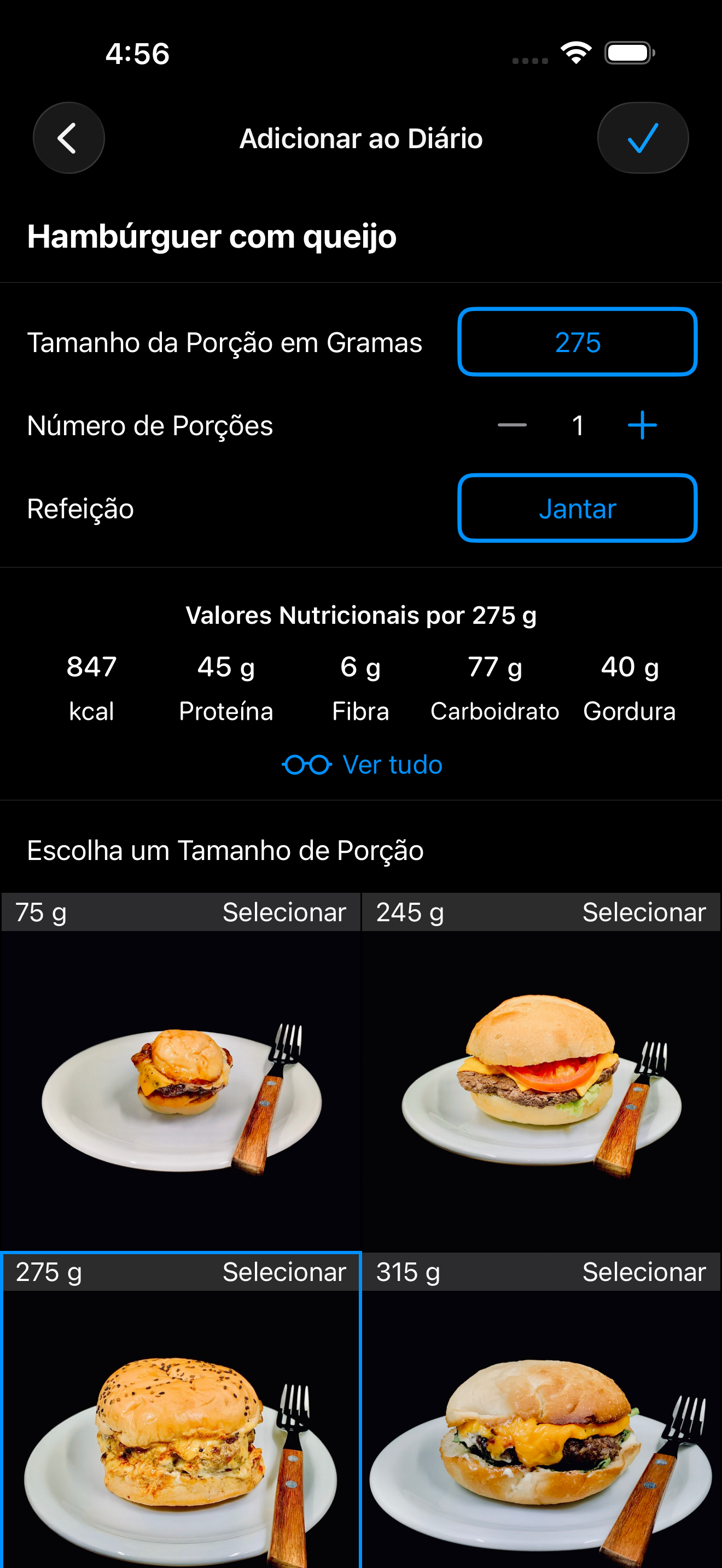 AmiFit seletor de porções — fotos reais de hambúrgueres de 75g a 465g, fotografados e pesados pessoalmente