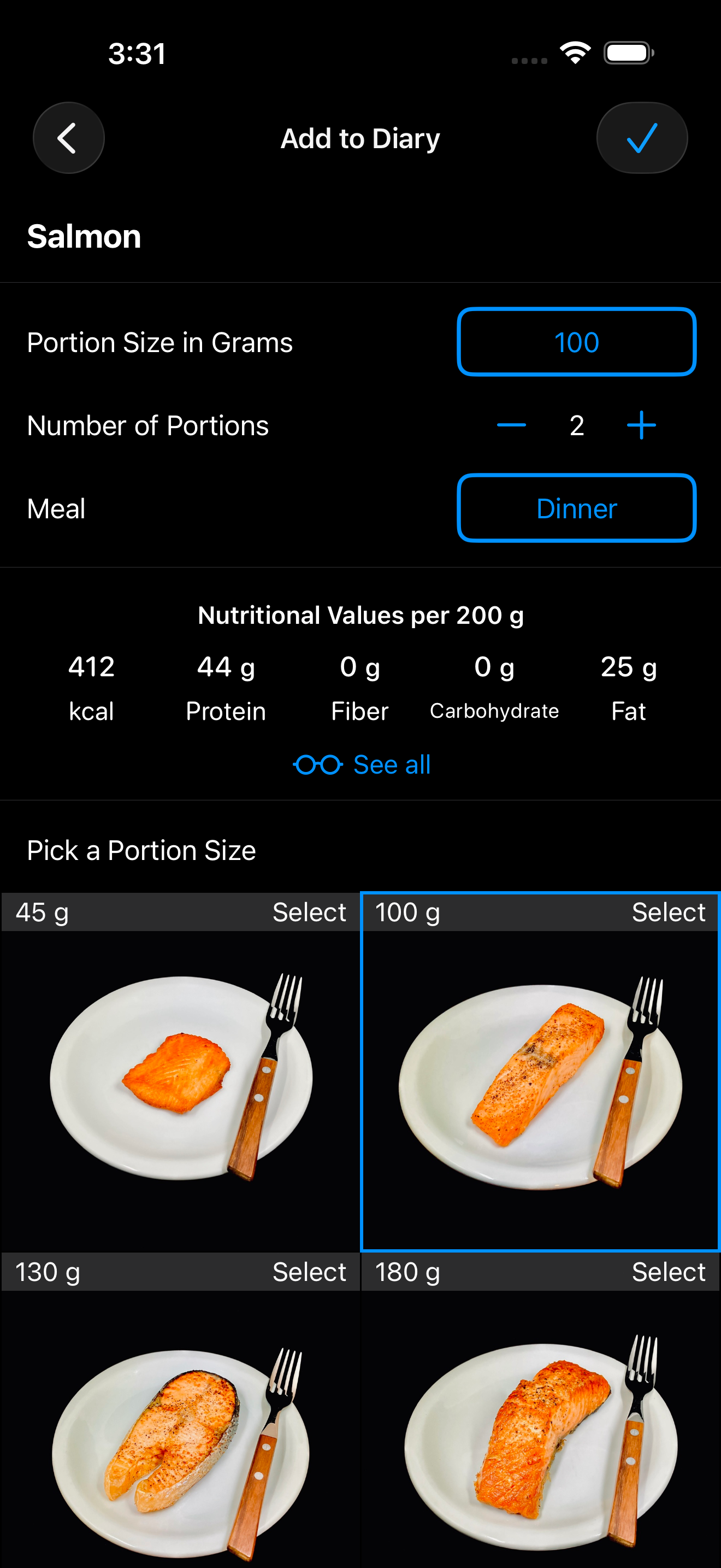 AmiFit portion picker — real photos of salmon portions, personally photographed and weighed