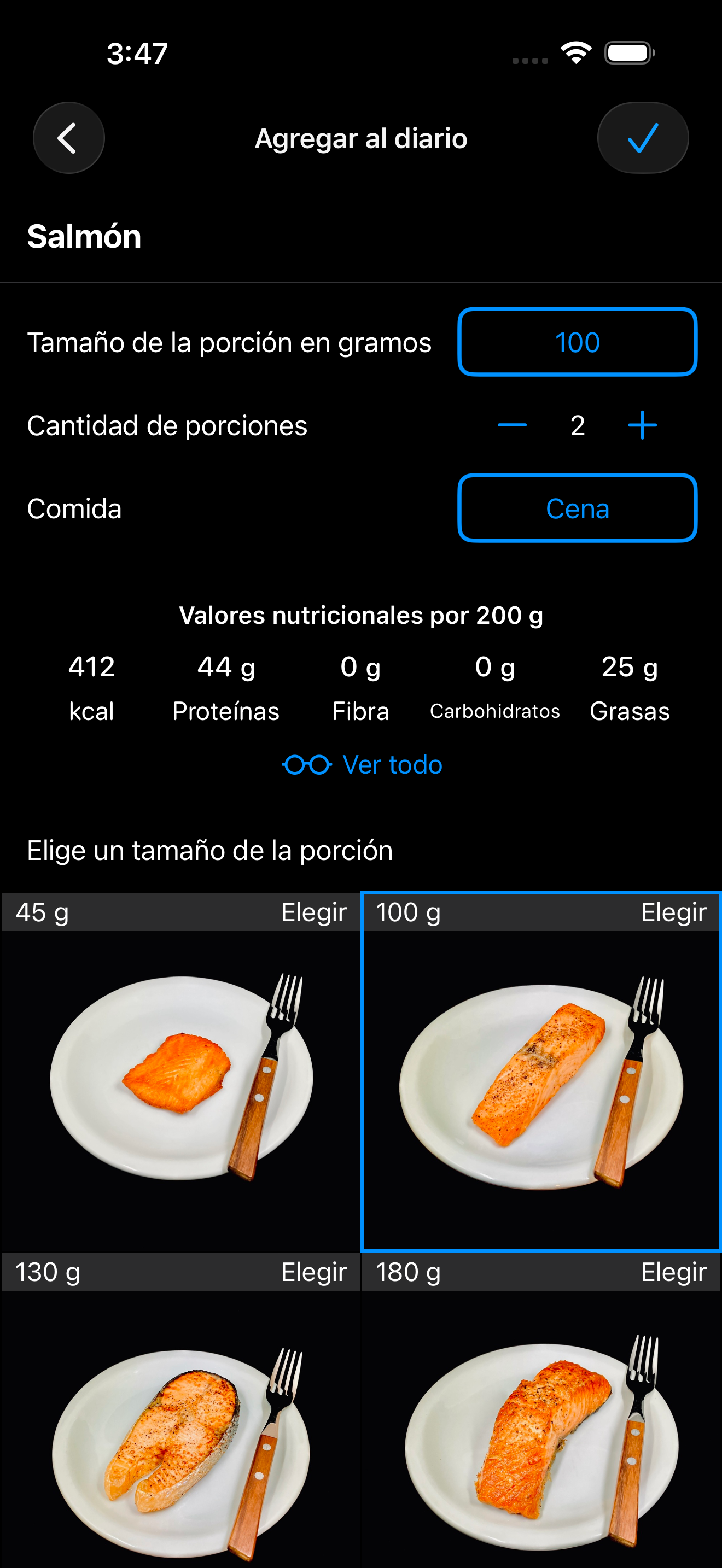 AmiFit selector de porciones — fotos reales de porciones de salmón, fotografiadas y pesadas personalmente