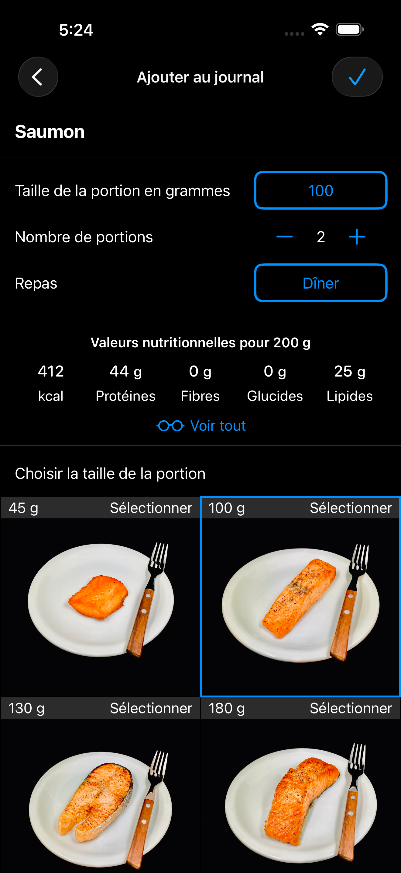 AmiFit sélecteur de portions — vraies photos de portions de saumon, photographiées et pesées personnellement
