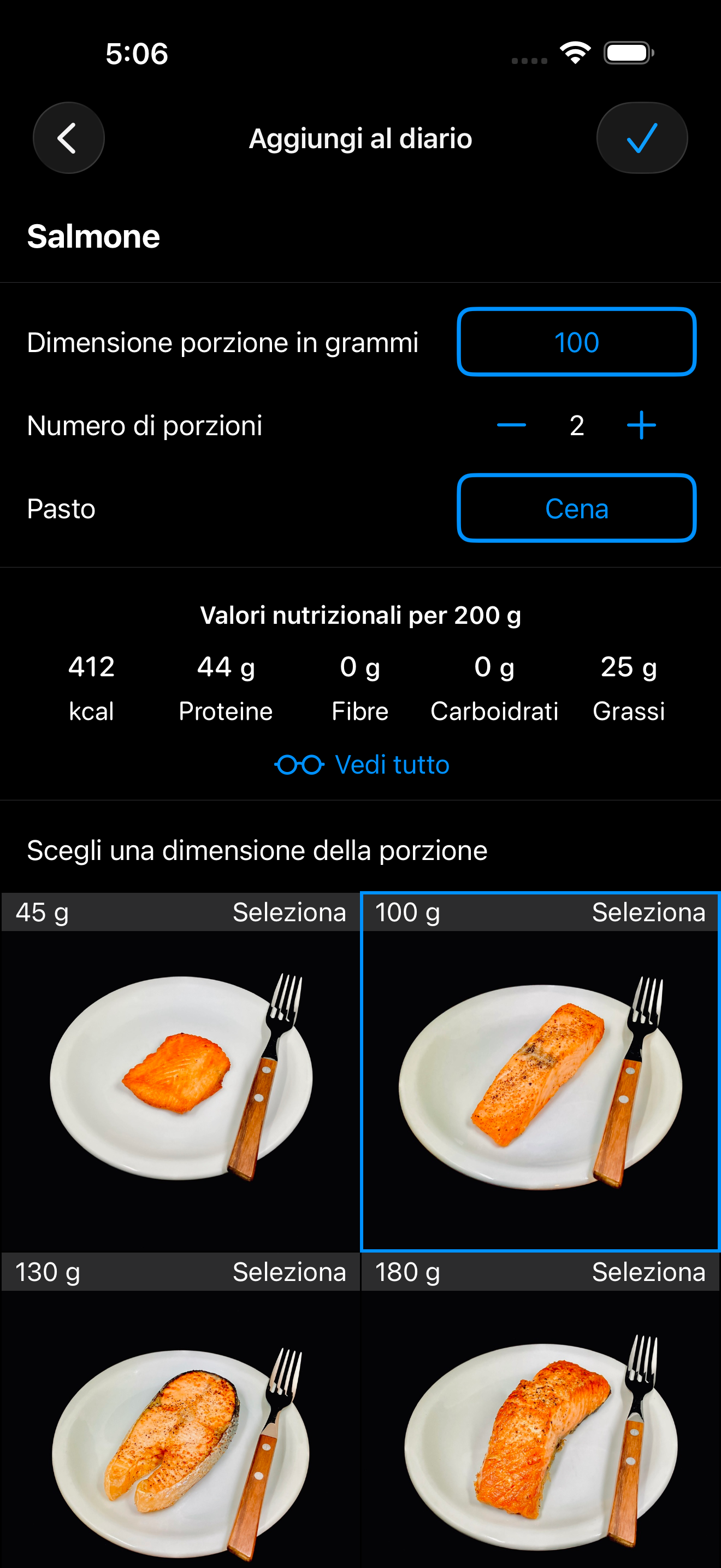 AmiFit selettore porzioni — foto reali di porzioni di salmone, fotografate e pesate personalmente