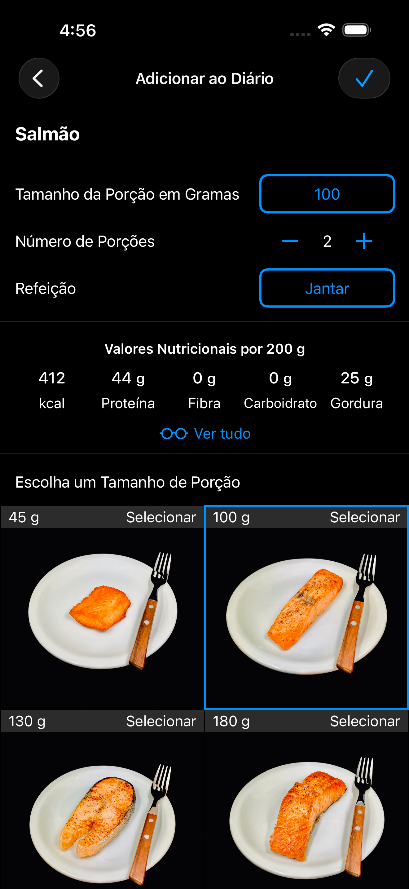 AmiFit seletor de porções — fotos reais de porções de salmão, fotografadas e pesadas pessoalmente